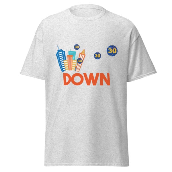 Men's classic t-shirt in ash with Steph Curry basketballs leaving a town called 'Down'