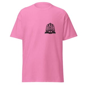 Men's classic tee in azalea with small black the beautiful game crest on left side of chest