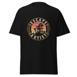 Men's classic tee in black showing a golfer climbing down ladders from top floor of home with text 'Escape Artist'