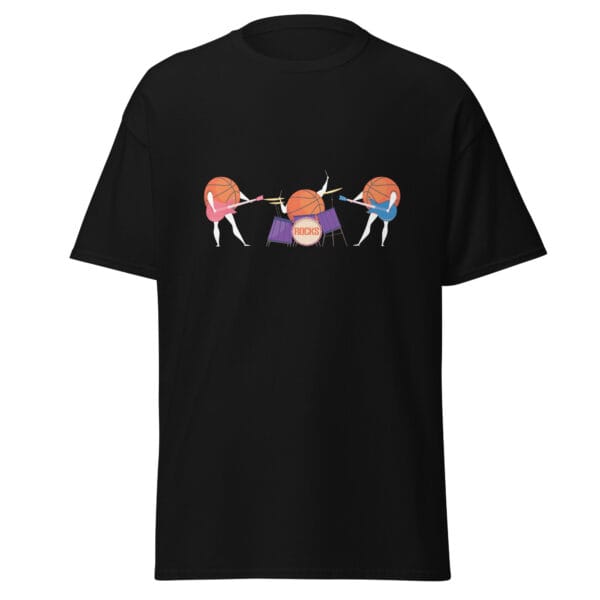 Men's classic tee in black with three basketballs playing the guitar and drums