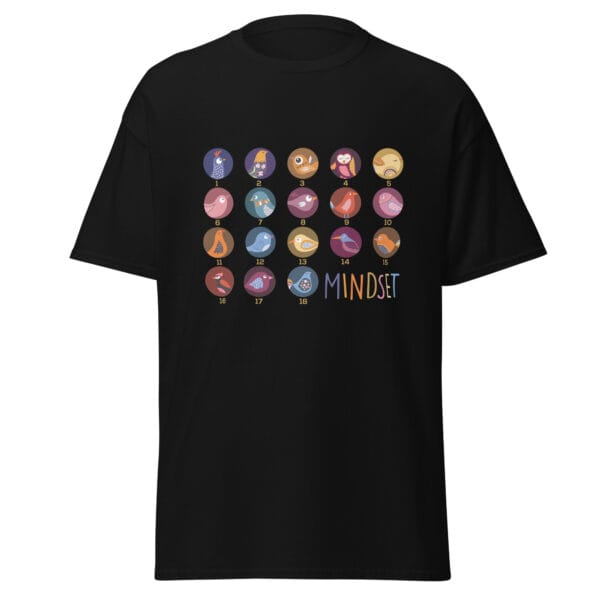 Men's classic tee in black with 18 colourful birds inside circles numbered 1 to 18 and the text 'mindset'