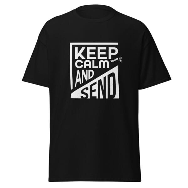 Men's classic tee in black and white text 'Keep Calm and Send' with small biker doing a superman air