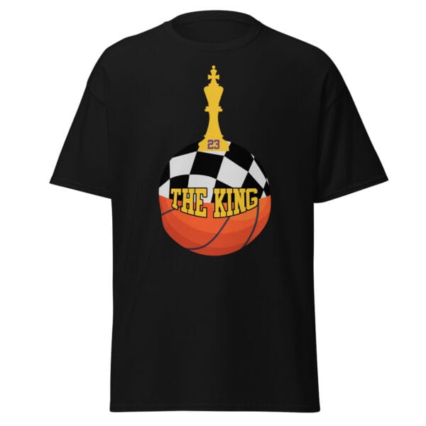 Men's classic tee in black with text 'The King', a basketball with top half a chess board and King piece on top with number 23