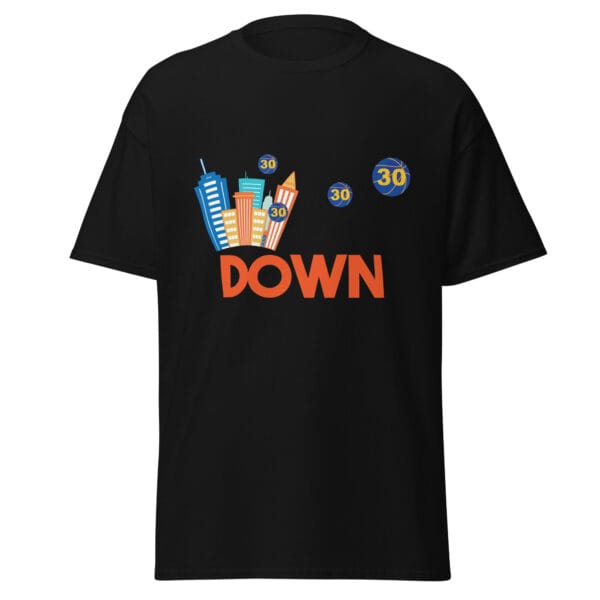 Men's classic t-shirt in black with Steph Curry basketballs leaving a town called 'Down'