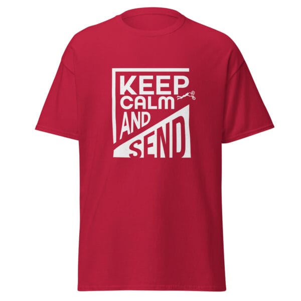 Men's classic tee in cardinal and white text 'Keep Calm and Send' with small biker doing a superman air