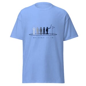 Men's classic t-shirt in carolina blue with silhouettes getting darker of a golfer walking in their putt