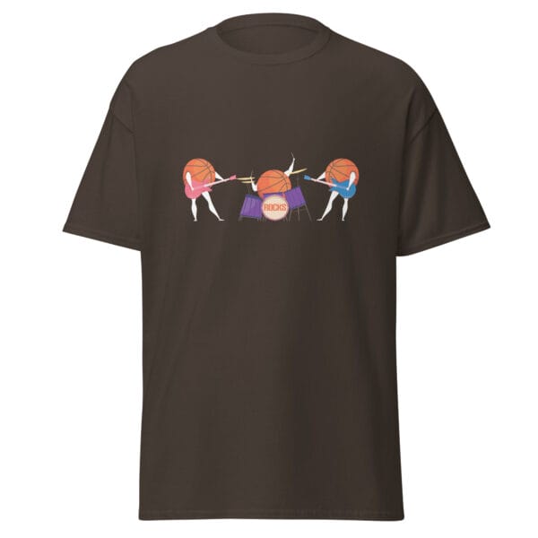 Men's classic tee in dark chocolate with three basketballs playing the guitar and drums