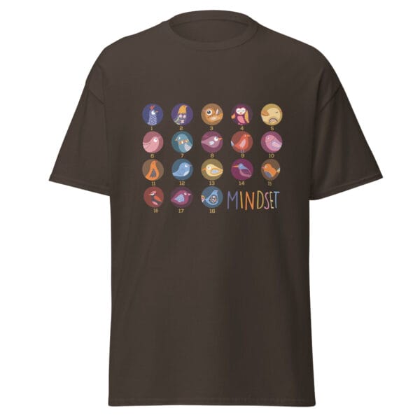 Men's classic tee in dark chocolate with 18 colourful birds inside circles numbered 1 to 18 and the text 'mindset'