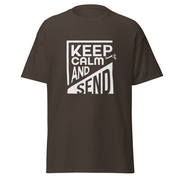 Men's classic tee in dark chocolate and white text 'Keep Calm and Send' with small biker doing a superman air