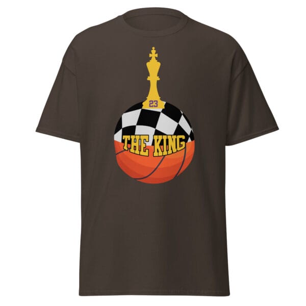 Men's classic tee in dark chocolate with text 'The King', a basketball with top half a chess board and King piece on top with number 23