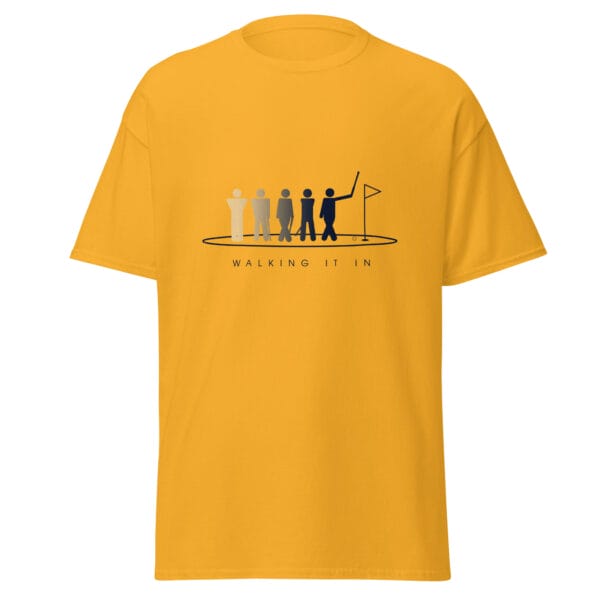 Men's classic t-shirt in golf with silhouettes getting darker of a golfer walking in their putt