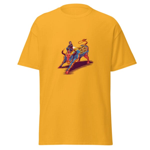 Men's classic tee in gold with Max Verstappen in race suit sitting on a bull in Red Bull colours