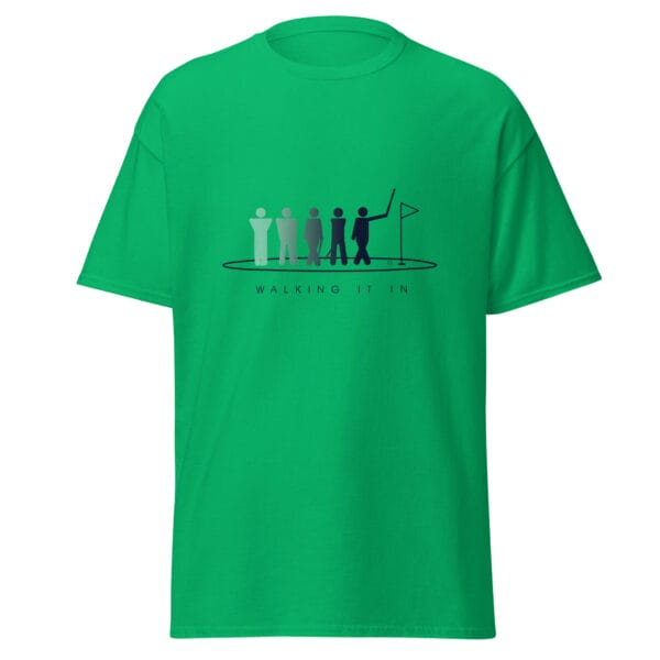 Men's classic t-shirt in Irish green with silhouettes getting darker of a golfer walking in their putt