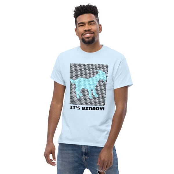 Man wearing light blue classic tee with text It's Binary and lots of ones and zeroes making a goat