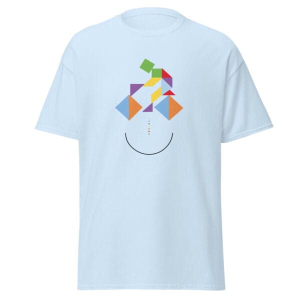 Men's light blue classic t-shirt with colourful cycling tangram and a curve for a smile