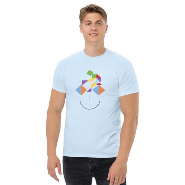 Man wearing light blue classic t-shirt with colourful cycling tangram and a curve for a smile