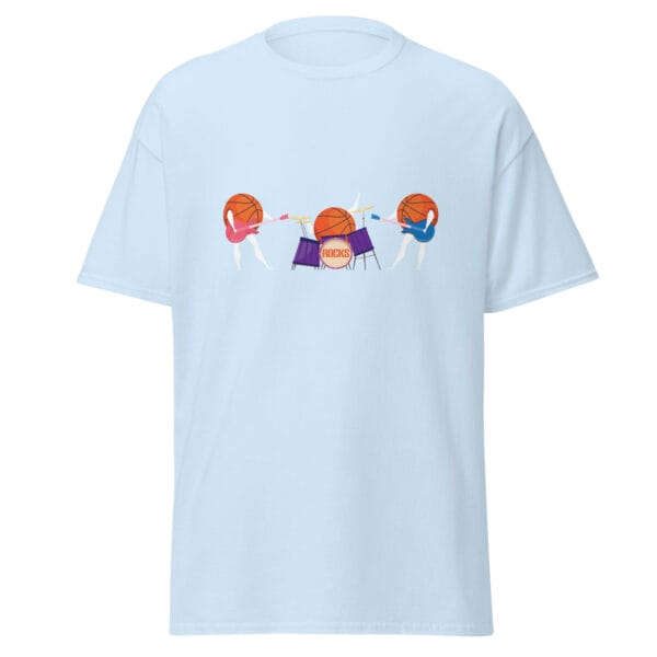 Men's classic tee in light blue with three basketballs playing the guitar and drums