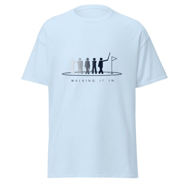 Men's classic t-shirt in light blue with silhouettes getting darker of a golfer walking in their putt