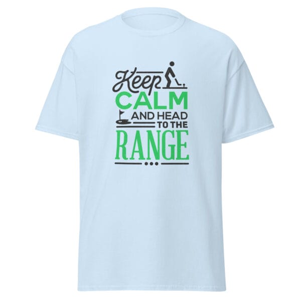 Men's classic tee in light blue with text 'Keep calm and head to the range' and simple golf graphics