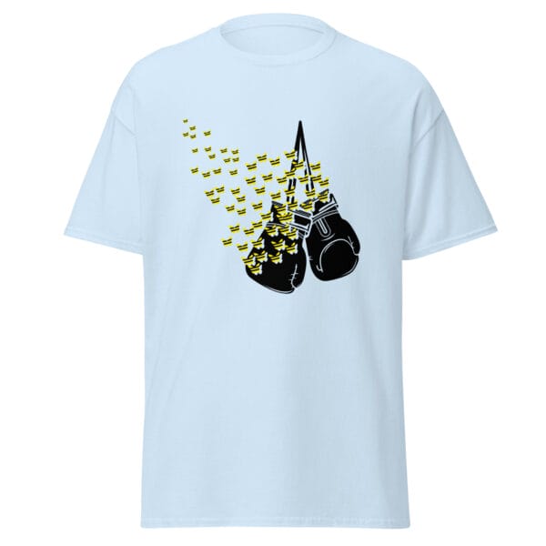 Men's classic tee in light blue with black boxing gloves hanging and butterflies in yellow and black flying off them