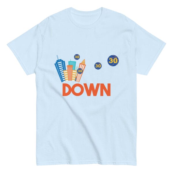 Men's classic t-shirt in light blue with Steph Curry basketballs leaving a town called 'Down'