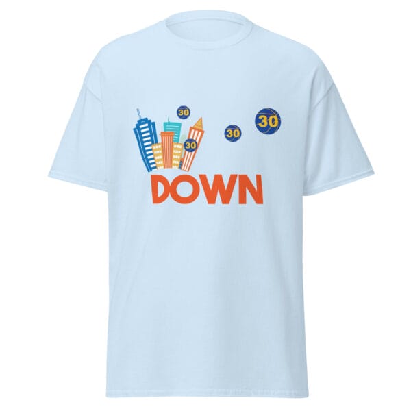 Men's classic t-shirt in light blue with Steph Curry basketballs leaving a town called 'Down'