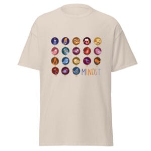 Men's classic tee in natural with 18 colourful birds inside circles numbered 1 to 18 and the text 'mindset'