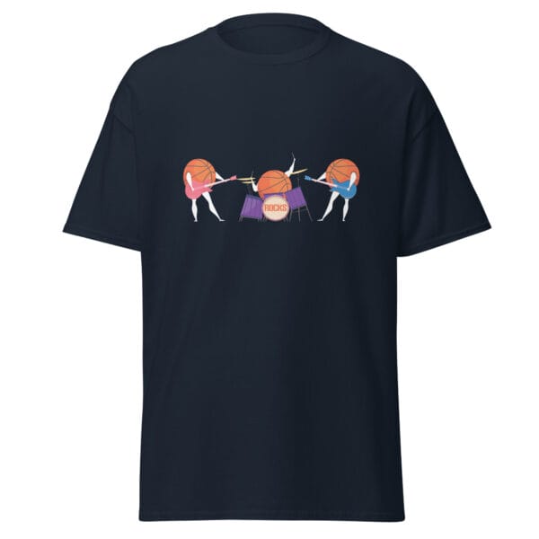 Men's classic tee in navy with three basketballs playing the guitar and drums