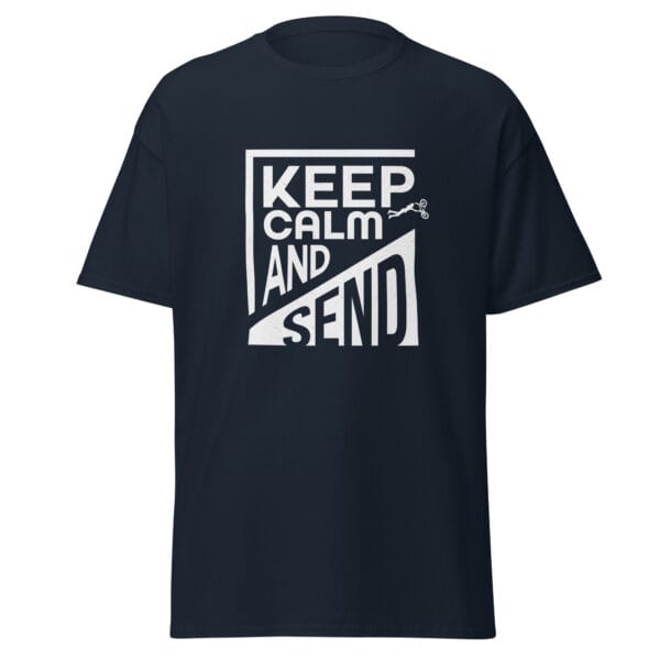 Men's classic tee in navy and white text 'Keep Calm and Send' with small biker doing a superman air