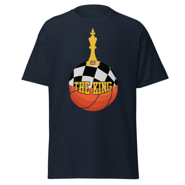 Men's classic tee in navy with text 'The King', a basketball with top half a chess board and King piece on top with number 23