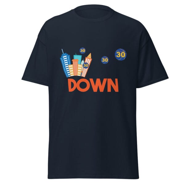 Men's classic t-shirt in navy with Steph Curry basketballs leaving a town called 'Down'