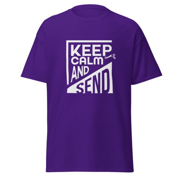 Men's classic tee in purple and white text 'Keep Calm and Send' with small biker doing a superman air