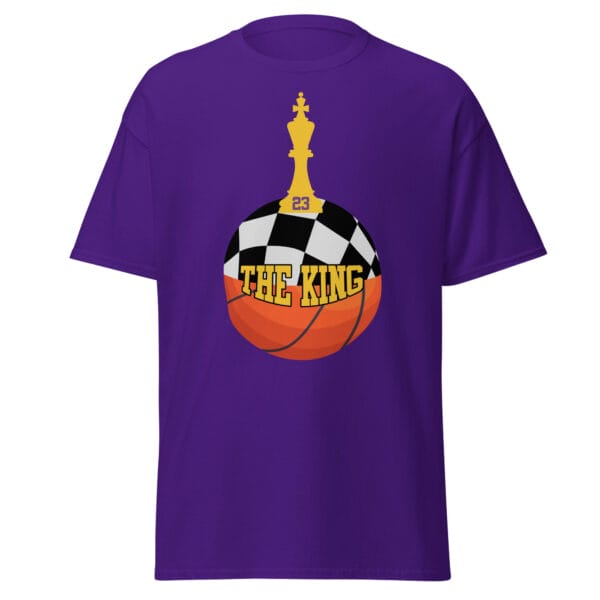 Men's classic tee in purple with text 'The King', a basketball with top half a chess board and King piece on top with number 23