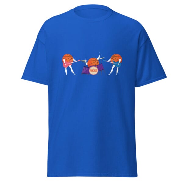 Men's classic tee in royal blue with three basketballs playing the guitar and drums