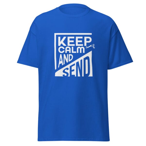 Men's classic tee in royal blue and white text 'Keep Calm and Send' with small biker doing a superman air