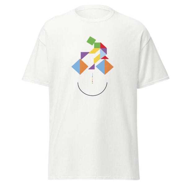 Men's white classic t-shirt with colourful cycling tangram and a curve for a smile