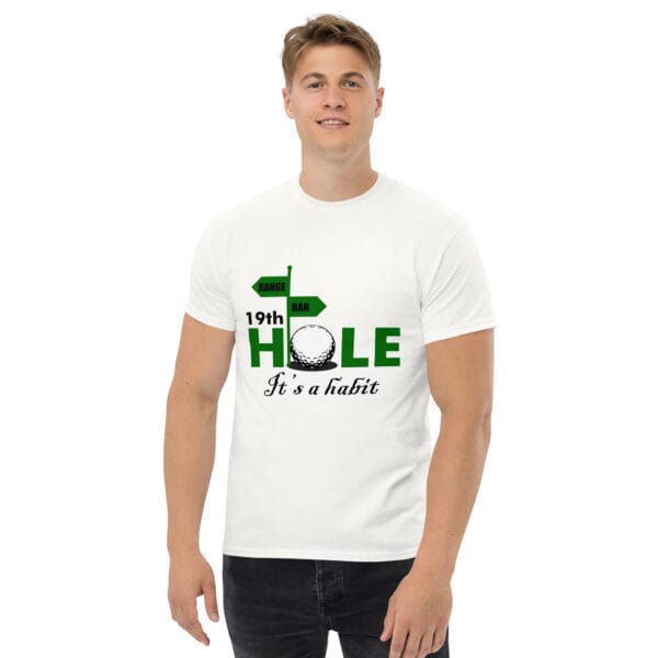 Man wearing classic tee in white with text 19th Hole It's a habit with signs pointing to range and bar