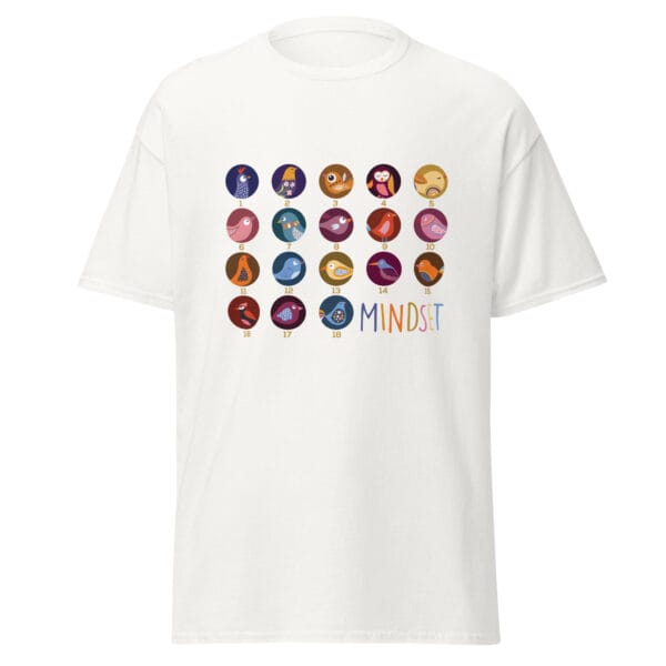 Men's classic tee in white with 18 colourful birds inside circles numbered 1 to 18 and the text 'mindset'