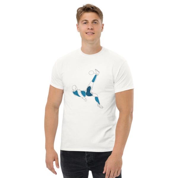 Man wearing a white classic tee with line drawing of Cristiano Ronaldo's overhead kick vs Juventus