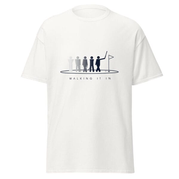 Men's classic t-shirt in white with silhouettes getting darker of a golfer walking in their putt