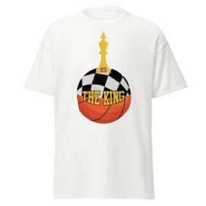 Men's classic tee in white with text 'The King', a basketball with top half a chess board and King piece on top with number 23