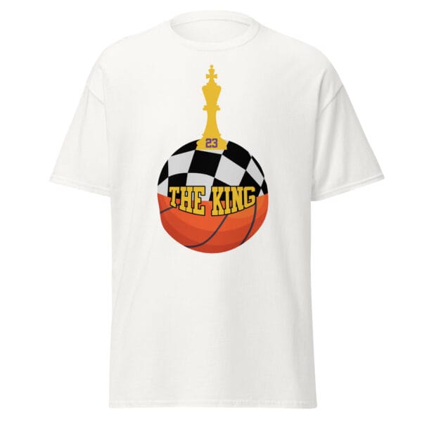 Men's classic tee in white with text 'The King', a basketball with top half a chess board and King piece on top with number 23