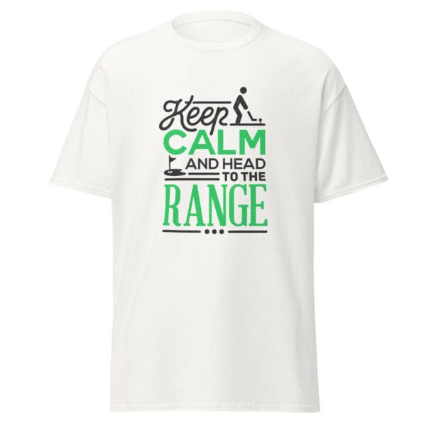 Men's classic tee in white with text 'Keep calm and head to the range' and simple golf graphics