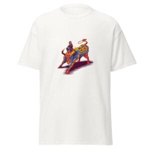 Men's classic tee in white with Max Verstappen in race suit sitting on a bull in Red Bull colours