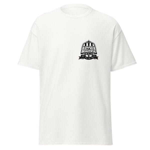 Men's classic tee in white with small black the beautiful game crest on left side of chest