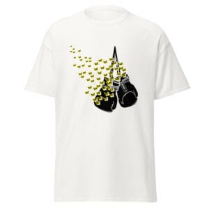 Men's classic tee in white with black boxing gloves hanging and butterflies in yellow and black flying off them