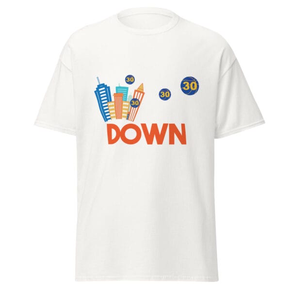 Men's classic t-shirt in white with Steph Curry basketballs leaving a town called 'Down'