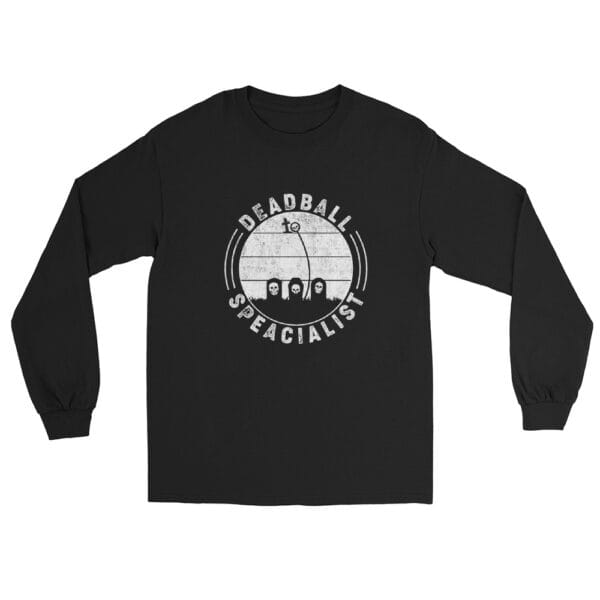 Men's long sleeve shirt in black with text 'Deadball Specialist' and a ball curving around gravestones