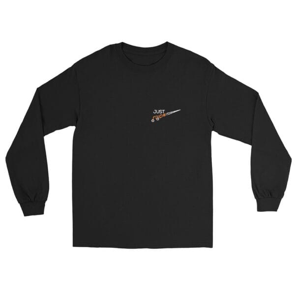 Men's black long sleeve t-shirt with text 'Just Ride' with letter R making a bike