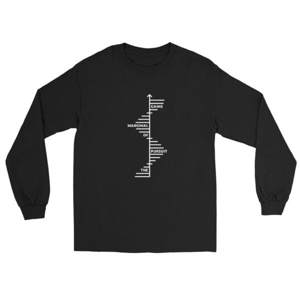 Men's long sleeve t-shirt in black with text 'The Pursuit of Marginal Gains' going up on small white steps